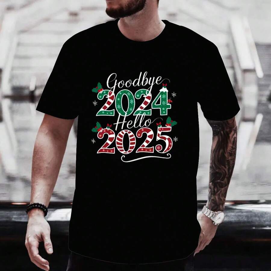 Goodbye 2024 Hello 2025 Fashion Tee Men Cotton Soft Stylish Casual Short Sleeve Crew Neck Top - màu đen - Xem 1
