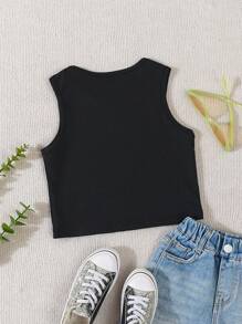 1pc Tween Girl Casual All-Match Solid Black Ribbed Knit Round Neck Camisole, Versatile Layering - Black - View 2