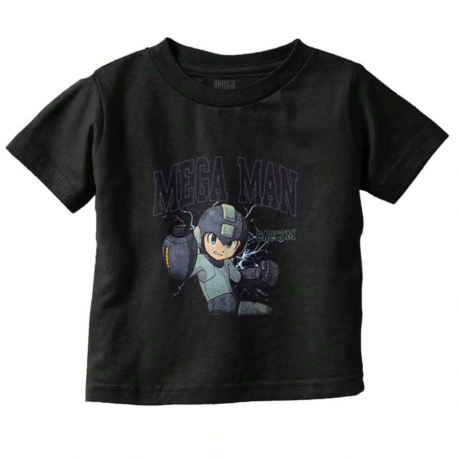 Mega Man Baby Toddler Graphic Tee Shirt Retro Robot Rockman Video Game Character Vintage College Varsity Electric Lightning Casual Everyday Soft Cotton Printed Short Sleeve Crewneck Tshirt Baby Clothes