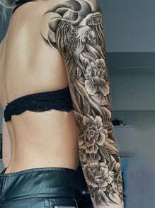 1 Hoja de tatuajes temporales de gran tamaño para todo el brazo para hombres y mujeres, con patrones de estilo callejero de águila negra, fénix y rosa. Tatuajes falsos a prueba de agua para mangas, duran de 2 a 5 días, cubren cicatrices y se pueden usar en brazos, muñecas, hombros, piernas, cintura, cuello, mano, pecho, muslos y dedos. Ideal para fiestas con amigos y parejas.