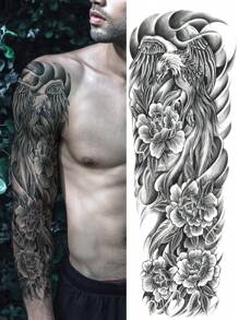 1 Hoja de tatuajes temporales de gran tamaño para todo el brazo para hombres y mujeres, con patrones de estilo callejero de águila negra, fénix y rosa. Tatuajes falsos a prueba de agua para mangas, duran de 2 a 5 días, cubren cicatrices y se pueden usar en brazos, muñecas, hombros, piernas, cintura, cuello, mano, pecho, muslos y dedos. Ideal para fiestas con amigos y parejas.