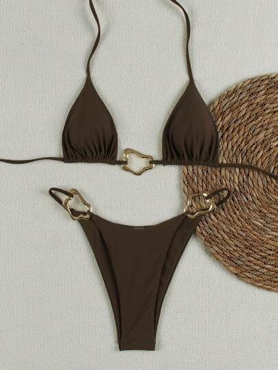 Polovedo Official Sexy Solid Color Metal Decor Bikini Set