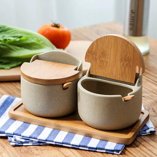 1pc/2pcs/3pcs Ceramic Lid Spice Jars, Rustic Japanese Style, Salt, Sugar, Chicken Extract, Spice, Seasoning Storage Containers