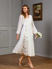 白色花朵刺绣V领灯笼袖新娘告别礼服，婚纱，小白裙 - 白色 - 查看 8