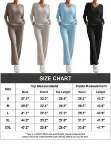 Women's Pajamas Sets Long Sleeve 2 Pieces Lounge Ribbed Knit Top And Long Pants Set V Neck Sweater Sleepwear Loose Loungewear Fall Winter Matching Outfits Clothes - 卡其色 - 查看 5