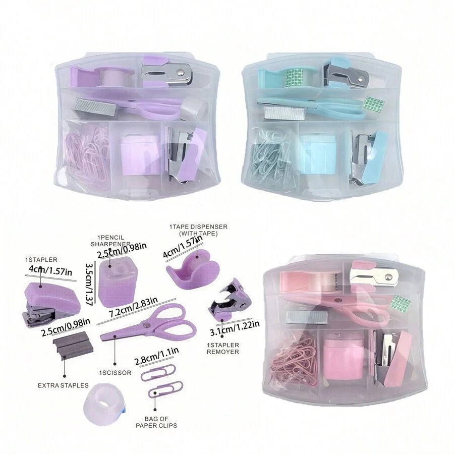 8件套便携迷你办公学习文具套装，包含打孔器、订书机、胶带座、小胶带、笔筒、剪刀和500枚10号订书钉，迷你办公用品，桌面回形针收纳盒（带2个笔袋），返校必备，学习用品