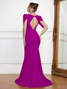 Backless V-Neck Formal Evening Gown, Embellished Fitted Elegant Dress With Train, Party Dress, Wedding Guest Dress Spring - Purple - View 2