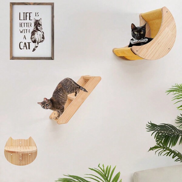 Wall-Mounted Cat Furniture Set (Moon-Shaped Cat Hammock + Wooden Climbing Ladder + Cat Platform), Made Of Solid Pine Wood, Sturdy And Stable For Sleeping, Playing, Climbing And Resting, Max. Load 12kg (26lb)