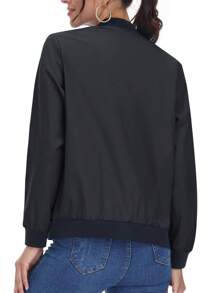 KEFITEVD Women's Casual Bomber Jacket Lightweight Spring Fall Outerwear Zip Up Windbreaker With Pockets - 黑色 - 查看 3