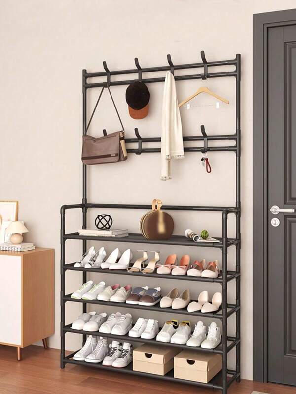 4-Tier/5-Tier Independent Metal Shoe Rack, Clothes Hat Rack, Over-The-Door Multi-Functional Storage Clothing Hanger, Free Standing Wardrobe Clothes Rack, Multi-Layer Indoor Shoe Stand With 8 Double Hooks Stainless Steel Shoe Hat Combination Rack, 3-In-1 Space Saving Storage Rack, Perfect For Bedroom, Living Room, Behind The Door, Corridor, Hat Rack, Shoe Rack, Portable Closet, Bag Storage Rack