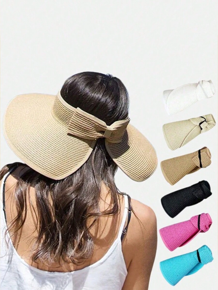 1Pc Solid Color Adjustable Sun Hats For Women Fashionable Women Wide Brim Hat Roll-Up Straw Sun Visor Hat