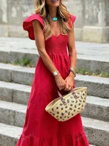 Vestidos de primavera y verano para mujeres, vestido de vacaciones rojo, moda casual, vestido sencillo y cómodo sin tirantes, diseño elegante con mangas de vuelo, vestidos largos para mujeres