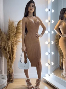 CROSS BACK MIDI DRESS IN MODAL KNIT - Mocha Brown - View 3