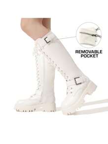 DREAM PAIRS Women's Combat Riding Platform Knee High Boots, Lace Up Fall Lug Sole Gothic Motorcycle Boots With Inside Zipper - 白色 - 查看 7