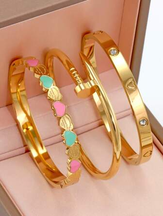 3pcs Stainless Steel Jewelry Set, Suitable For Women's Daily Wear, European And American Style Delicate Heart Nail Bracelet, Birthday, Wedding, Valentine's Day Gift Valentines,Mom,Mother,Mother's Day,Gift