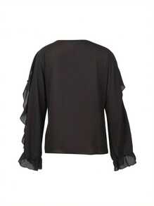 Women Button-Down Ruffle Shirt, Adults Solid Color/Letter/Butterfly/Plant Print V-Neck Long Sleeve Blouse - Negro - Ver 6