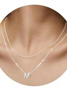 Stainless Steel Double Choker Necklace With English Letters Pendant 18k Gold Plated - 銀色 - 查看 6