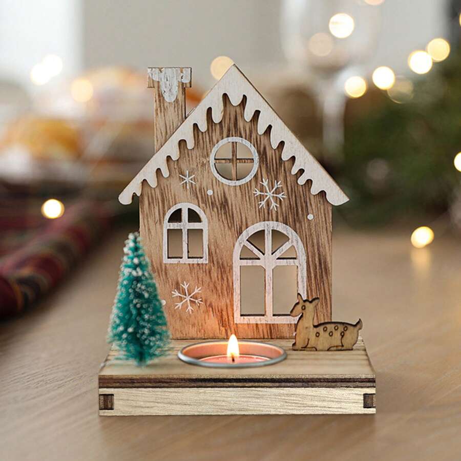 Ornamentos de candelabro navideño, soporte de vela en forma de casa de madera para decoración de ventana y mesa - Multicolor - Ver 1