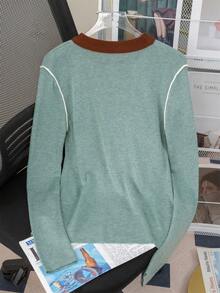 Women's Crew Neck Colorblock Long Sleeve Sweater, Simple Casual, Women Basic Top For Daily, Commuting, Autumn/Winter, Long Sleeve Tops,Modes - Green - View 7