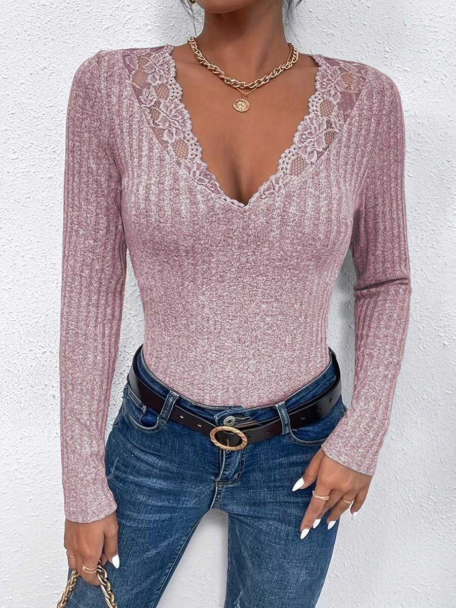Women's Floral Lace Deep V-Neck Long Sleeve Rib Knit T-Shirt Top - Màu Hồng baby - Xem 1