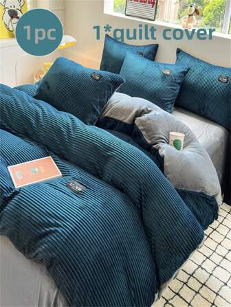1pc Fluffy & Thick Quilted Duvet Cover Set, Solid Patchwork Blue & Gray Color, Warm For Autumn/Winter Bedding - Soft, Cozy And Skin-Friendly Feather Duvet Cover, Suitable For Bedroom And Guest Room