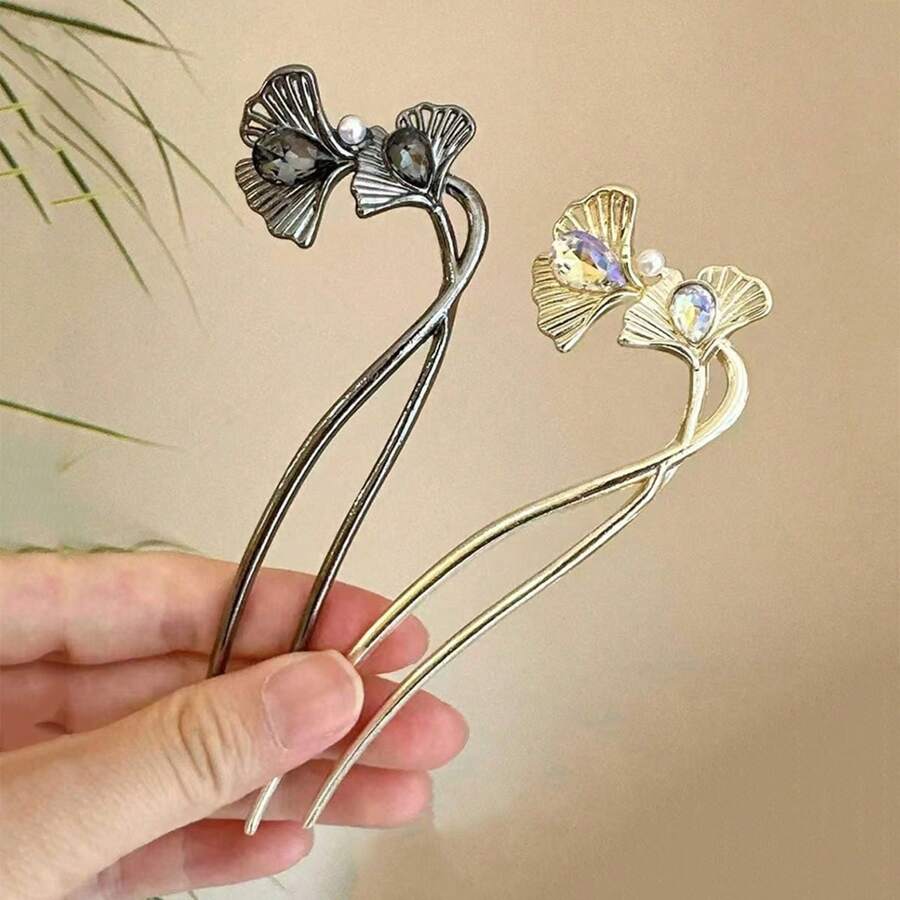 2个时尚银杏叶发夹，优雅合金发饰，现代简约中式风格发饰，发髻固定器，发型发夹 - 彩色 - 查看 1