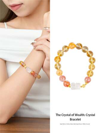  [VE] 1 件高品质银天然水晶手链，饰有黄水晶的繁荣、独特的红色树脂花和白水晶貔貅，带来吉祥的保护。结合时尚和运气，为您带来好运。天然宝石颜色随机。