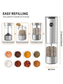 CLITON Electric Salt And Pepper Grinder Set Automatic Battery Pepper Mill Shakers Adjustable Coarseness Easy Filling Upgraded Larger Capacity With Led (2 Pack Black) - 彩色 - 查看 3