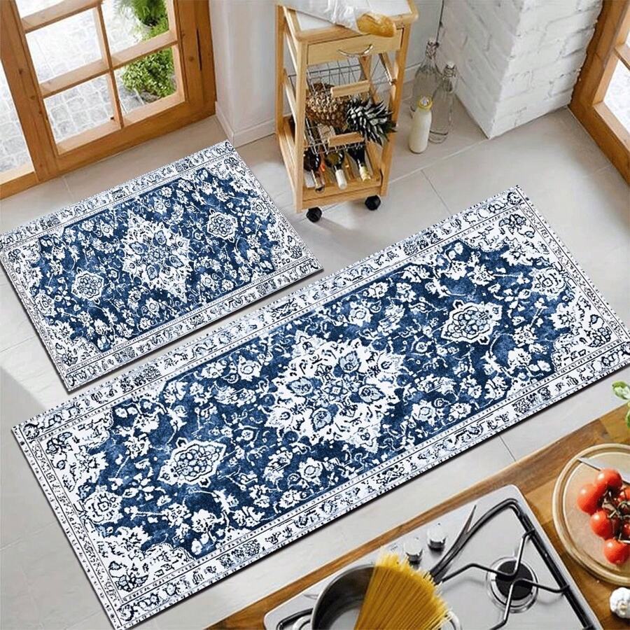 1 tấm thảm bếp chống trượt bằng gel silica thiết kế theo phong cách Bohemian màu xanh lam, thảm cao su thấm nước, thảm đứng thoải mái cho nhà bếp, phòng giặt, văn phòng, khu vực bồn rửa - Nhiều màu - Xem 1