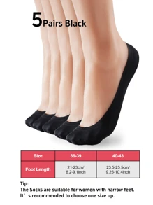 5 paires de chaussettes noires fines en nylon invisibles pour femmes, chaussettes doublées, sans couture, antidérapantes, convenant aux occasions professionnelles et décontractées, pouvant être portées avec divers types de chaussures comme les ballerines, les talons hauts, les mocassins et les baskets, idéales pour le travail, les courses, la marche, les fêtes et le port quotidien. Cadeau pour la fête des mères. - Noir - Voir 9