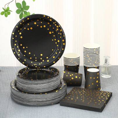 80 sztuk/zestaw Jednorazowe artykuły imprezowe w czarno-złote kropki, odpowiednie na spotkania rodzinne, przyjęcia urodzinowe, wesela, walentynki, dzień matki, Święto Dziękczynienia, zawiera 9-calowe i 7-calowe papierowe talerzyki, papierowe kubki i serwetki