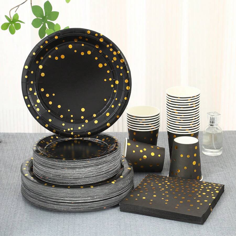 80 sztuk/zestaw Jednorazowe artykuły imprezowe w czarno-złote kropki, odpowiednie na spotkania rodzinne, przyjęcia urodzinowe, wesela, walentynki, dzień matki, Święto Dziękczynienia, zawiera 9-calowe i 7-calowe papierowe talerzyki, papierowe kubki i serwetki