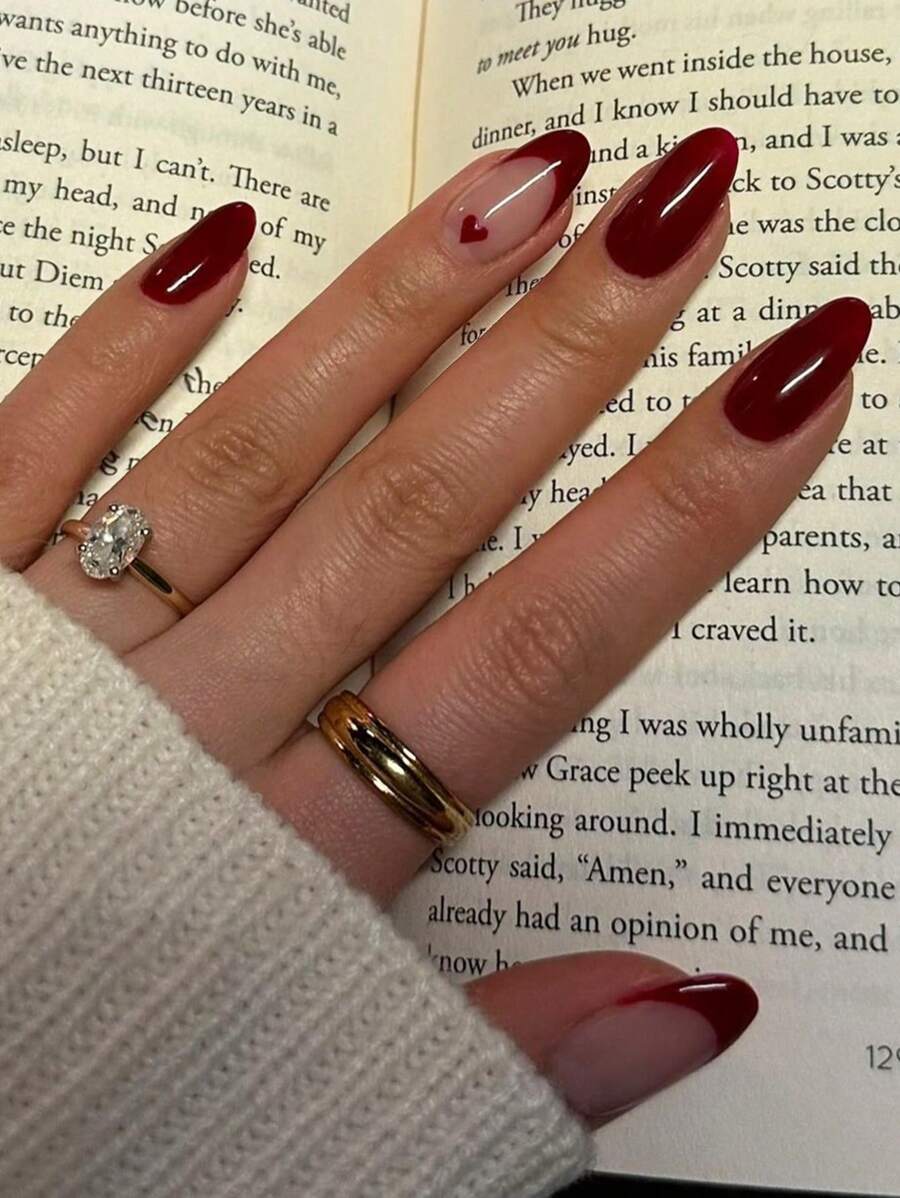24 pièces Stickers pour ongles de la Saint-Valentin, pointe française rouge, forme amande moyenne-longue, motif cœur rouge, style minimaliste, couverture brillante complète, convient aux femmes et aux filles - comprend une lime à ongles et du gel, fournitures pour nail art, autocollants pour ongles à presser - Rouge - Voir 1