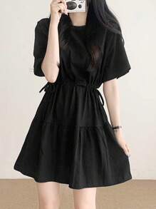 Korean Style Sweet Tie Waist Round Neck Short Sleeve Casual Versatile Crop Mini Dress For Women, Summer