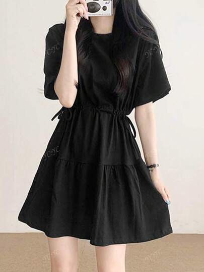 Korean Style Sweet Tie Waist Round Neck Short Sleeve Casual Versatile Crop Mini Dress For Women, Summer