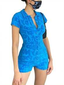 Women Casual Turn-down Collar Playsuit, Short Sleeve Letters Pattern Buttons Open Front One-piece - Azul - Ver 2