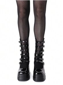 ROMWE Goth Waterproof High Heel Boots With Square Toe, Chunky Heel And Six Rows Of Hollow Out Heart Buckles - Black - View 1