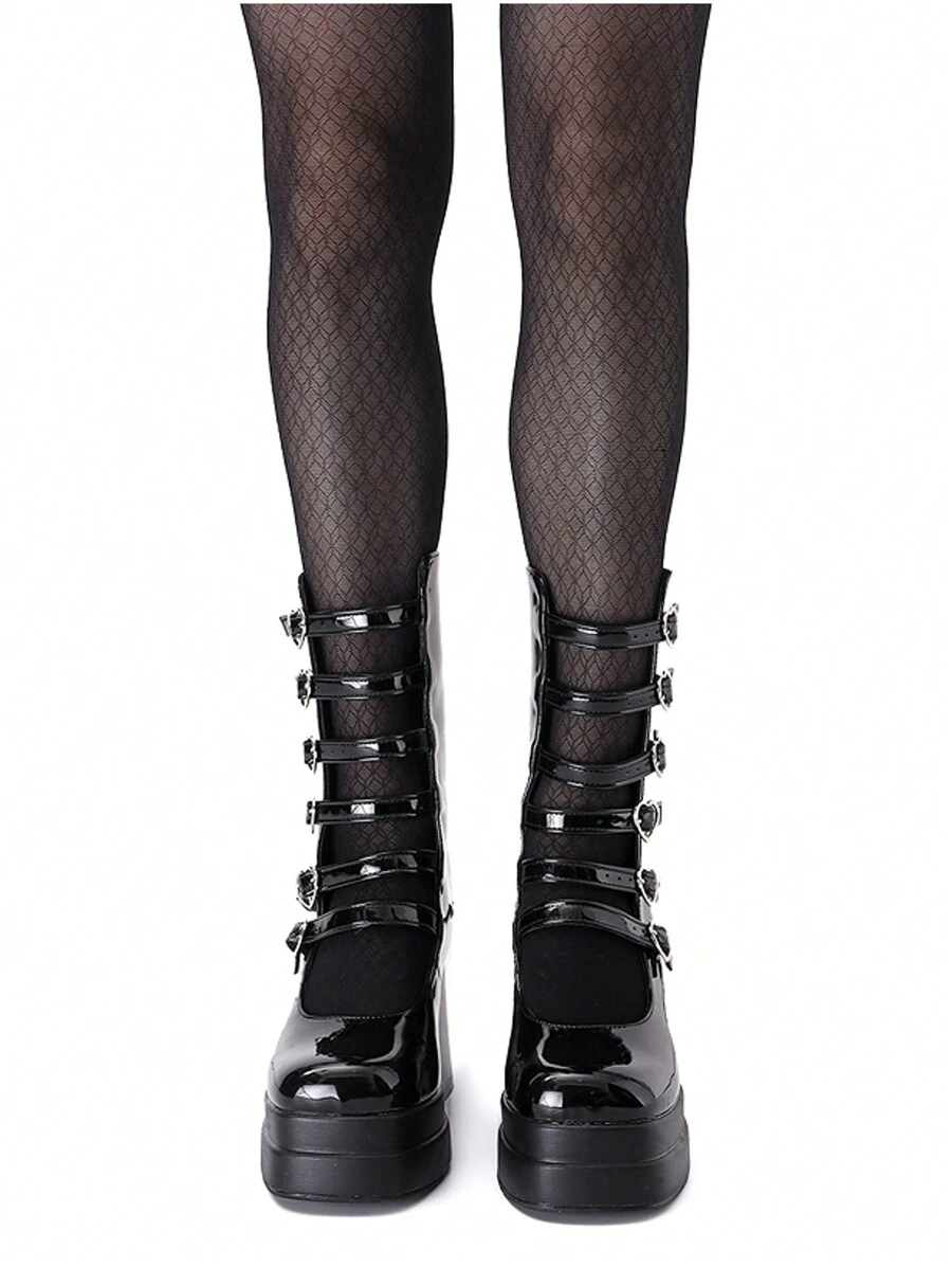 ROMWE Goth Waterproof High Heel Boots With Square Toe, Chunky Heel And Six Rows Of Hollow Out Heart Buckles - Black - View 1