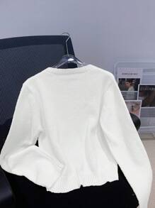 Women Simple Solid Color Crew Neck Button Front Long Sleeve Knitted Cardigan