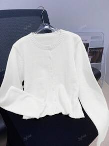 Women Simple Solid Color Crew Neck Button Front Long Sleeve Knitted Cardigan