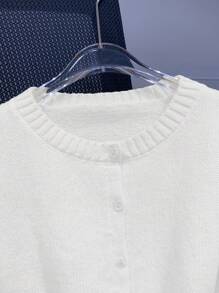 Women Simple Solid Color Crew Neck Button Front Long Sleeve Knitted Cardigan