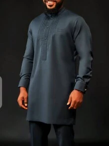 男士蓝色 Dashiki 套装，前褶，简约设计，纽扣，长袖，松紧腰裤，非洲传统服装，男士休闲衬衫和裤子 2 件套，适合所有季节的新品，适合派对、约会、日常穿着、文化活动、传统庆典 - 藍色 - 查看 1