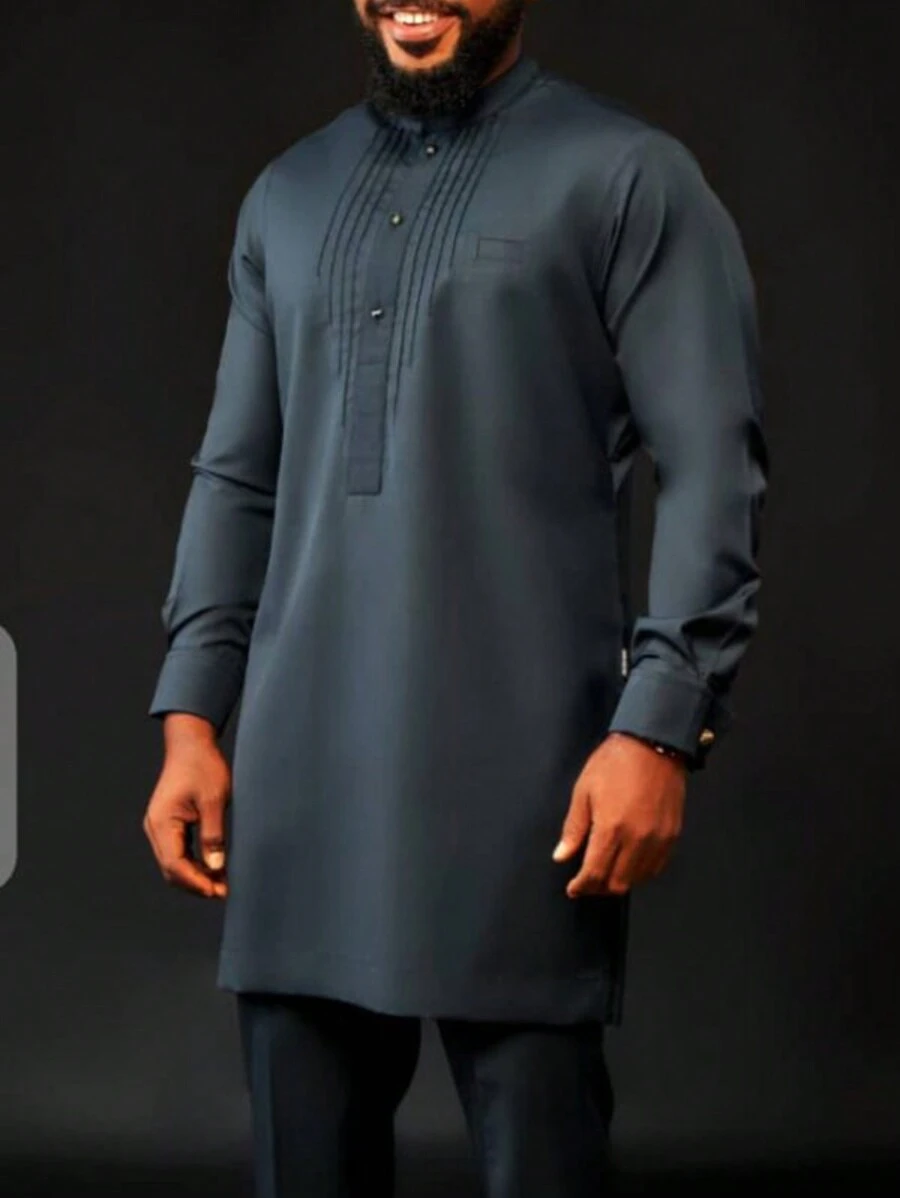 男士蓝色 Dashiki 套装，前褶，简约设计，纽扣，长袖，松紧腰裤，非洲传统服装，男士休闲衬衫和裤子 2 件套，适合所有季节的新品，适合派对、约会、日常穿着、文化活动、传统庆典 - 藍色 - 查看 1