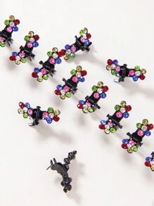 12pcs Girls Colorful Rhinestone Flower Hair Clips, Cute Mini Hair Accessory Hair Pins For Bangs, Suitable For Everyday Use - Multicolor - View 4