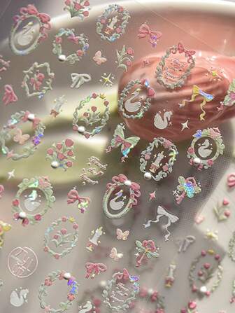 1pc 5D Crystal Diamond Nail Sticker Mix Pink Swan Flower Frame Butterfly Self Adhesive Nail Art Stickers DIY Cute Decoration Parts