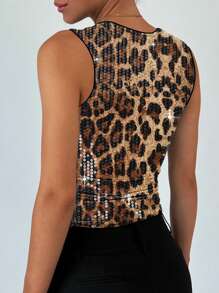 Spring & Summer Sexy Leopard Print Sequin Top, Slim Fit Versatile Fashion Tank Top - Brown - View 4