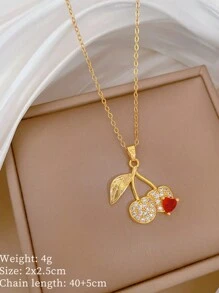 1 Chiếc Vòng Cổ Mặt Dây Chuyền Quả Anh Đào Đỏ Bằng Thép Không Gỉ, Vòng Cổ Choker Đính Đá Rhinestone Sang Trọng Cho Nữ, Dây Chuyền Xương Đòn Đa Năng Quà Tặng Trang Sức - vòng cổ - Xem 3
