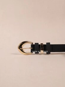 Women's Faux Leather Belts With Lychee Pattern Fashion Gold Elliptical Buckle 2.4CM Width - 黑色 - 查看 3