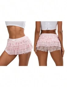 Womens Layered Ruffle Shorts Casual Elastic Waist Bow Front Solid Color Lace Shorts Going Out Pants - Hồng - Xem 4
