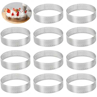 6Pcs/12Pcs Stainless Steel Round Tart Rings Set - Perforated Mousses & Dessert Circles, Cookie Cutters, Fruit Tart Molds, French Cheesecake Baking Tools For Christmas, Easter, Thanksgiving